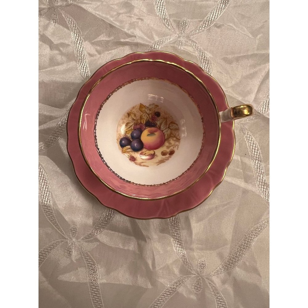 AYNSLEY orchard fruit Tea Cup and Saucer  signed D.  Jones Vintage